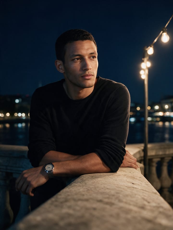 Adam, the face of Fawa7an, in a black knit on a rooftop terrace at night above a river city