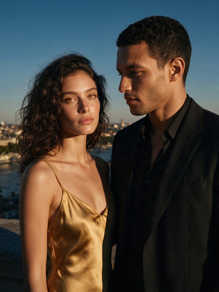 Zahra and Adam, the two faces of Fawa7an, together on a terrace at dusk