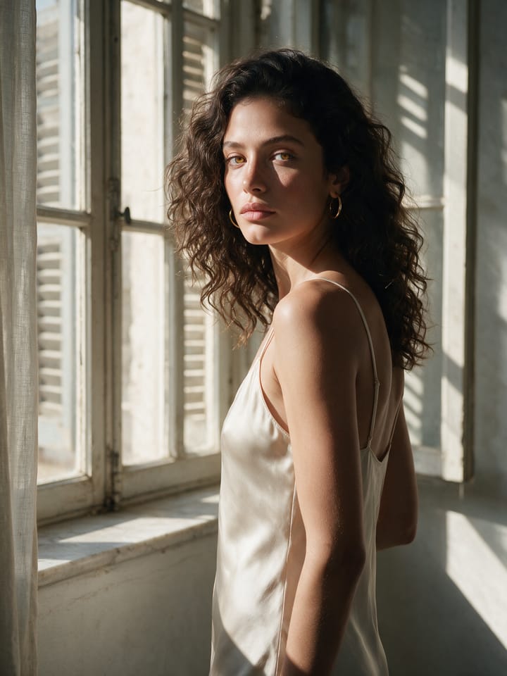 Zahra, the face of Fawa7an, in an ivory silk dress by a tall shuttered window in morning light