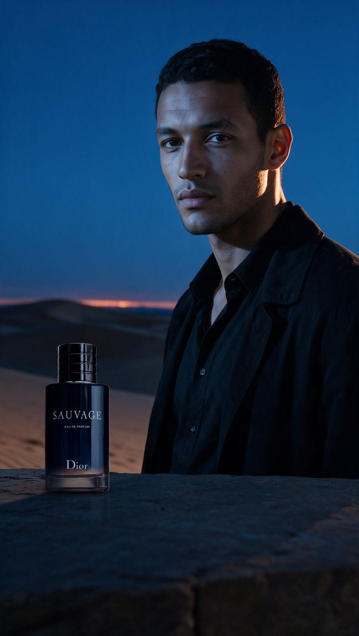 Adam, the face of Fawa7an, in the desert at blue hour with a bottle of Sauvage Eau de Parfum — Dior on the rock