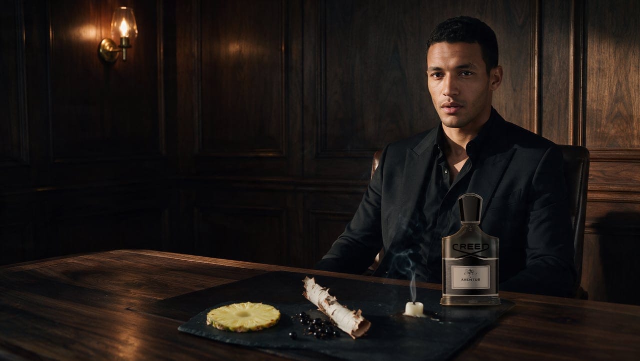 Adam, the face of Fawa7an, in a walnut-panelled study at night with a bottle of Aventus — Creed on the slate