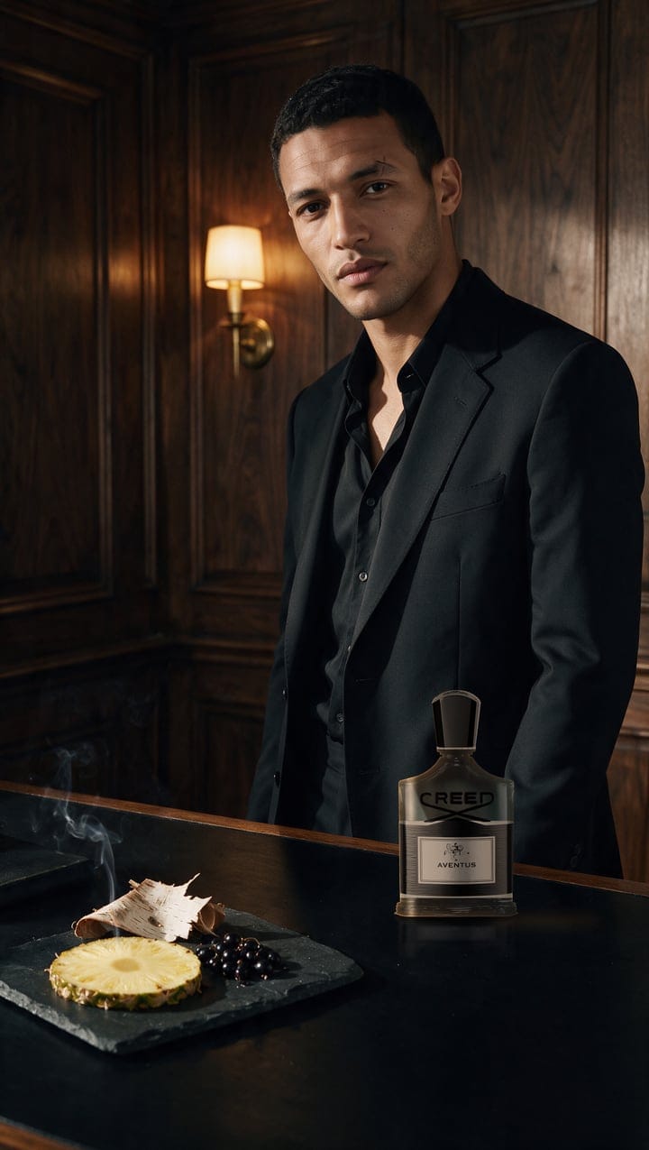 Adam, the face of Fawa7an, in a walnut-panelled study at night with a bottle of Aventus — Creed on the slate